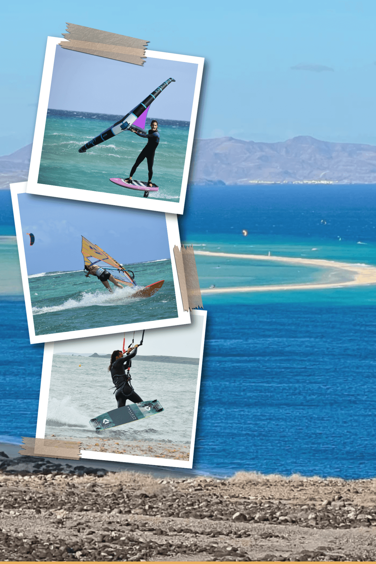 Collage of water sports enthusiasts with a scenic ocean background.