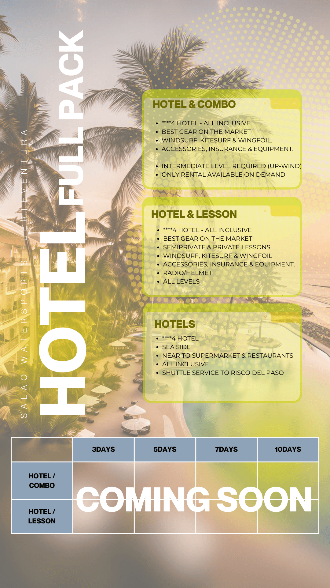 Hotel package advertisement with palm trees and details for all-inclusive stays, lessons, and gear rental.